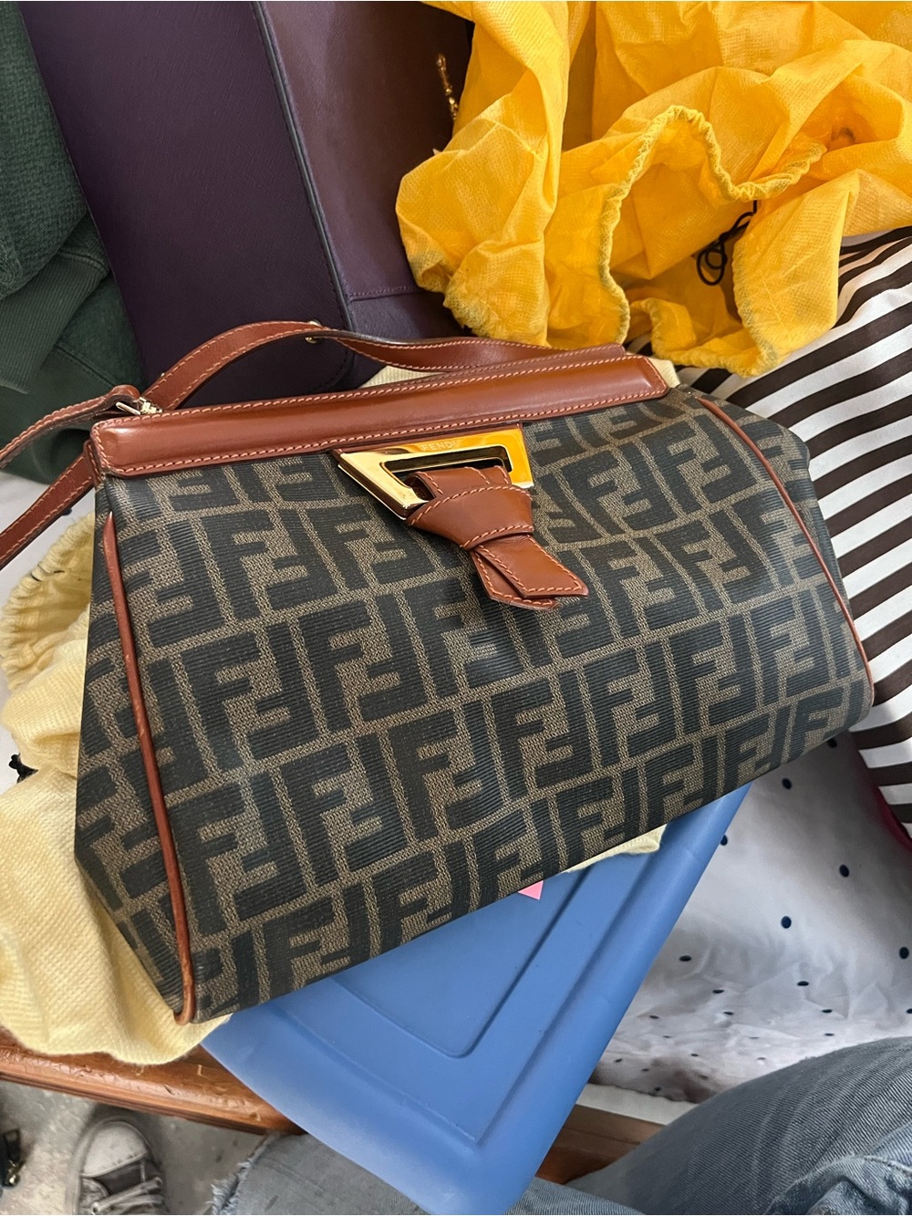 Fendi Brown FF Logo Satchel with Tan Leather Trim